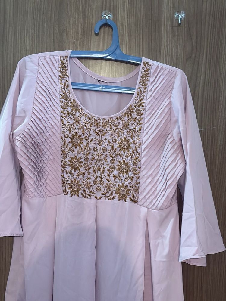 Elegant Pink Kurta with Golden Embroidery