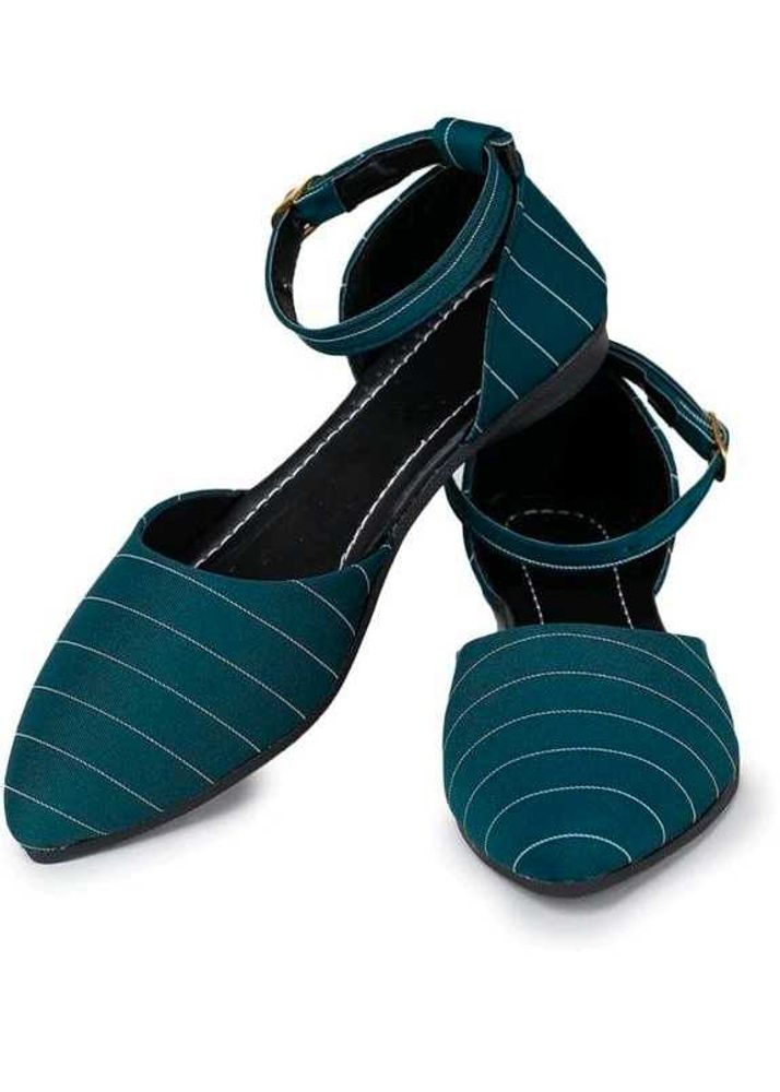 Stylish Teal Striped Flats with Ankle Strap