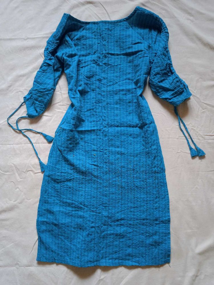 Blue Cotton Kurta with Tassel Sleeves