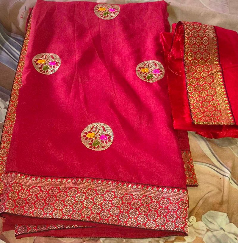 Vibrant Pink Silk Saree with Embellishments