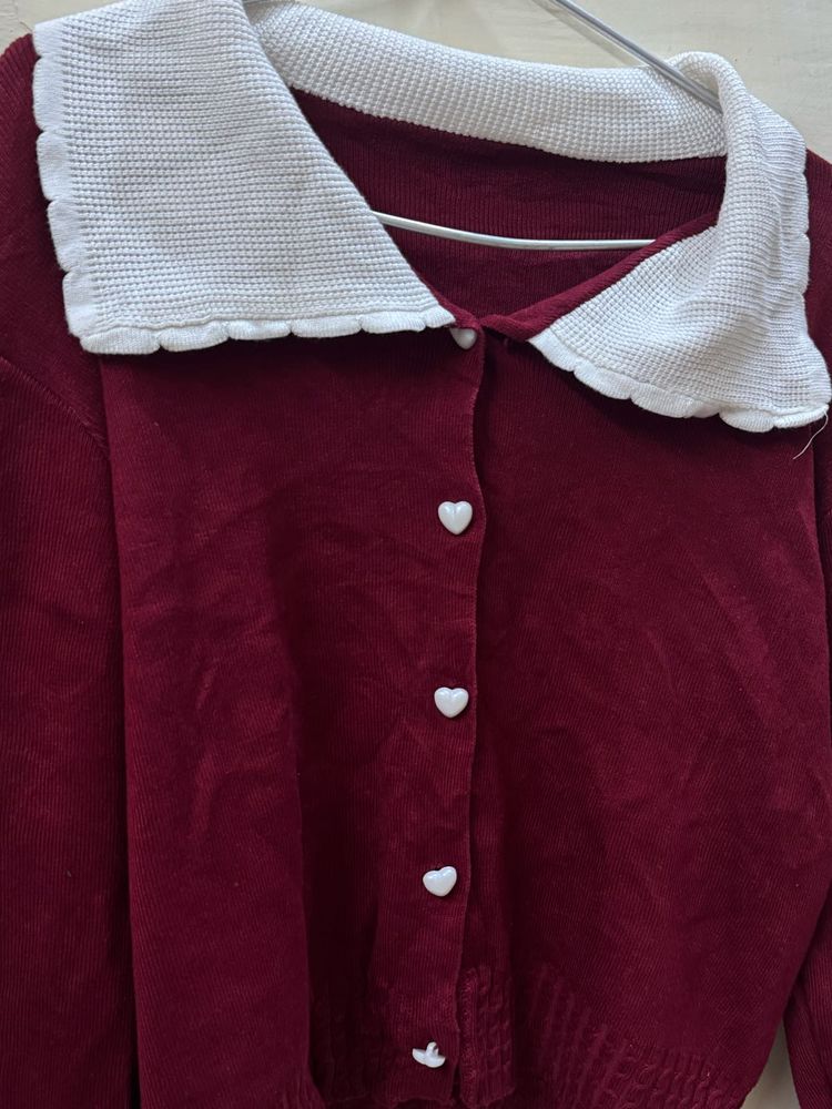 Maroon Knit Cardigan with Heart Buttons
