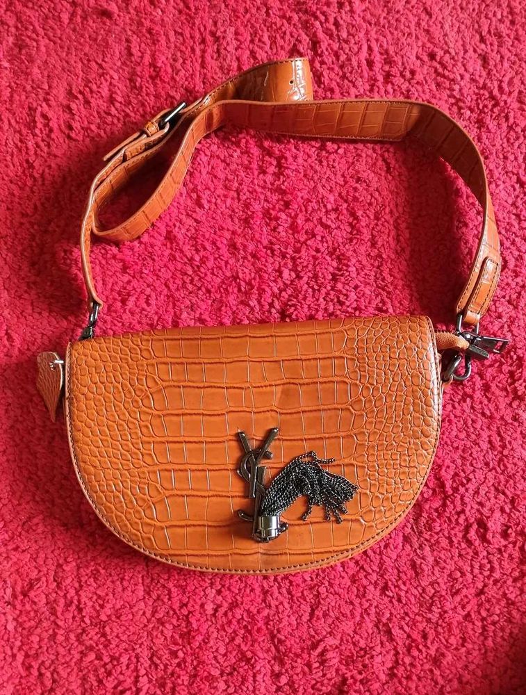 Orange Croc Embossed Shoulder Bag