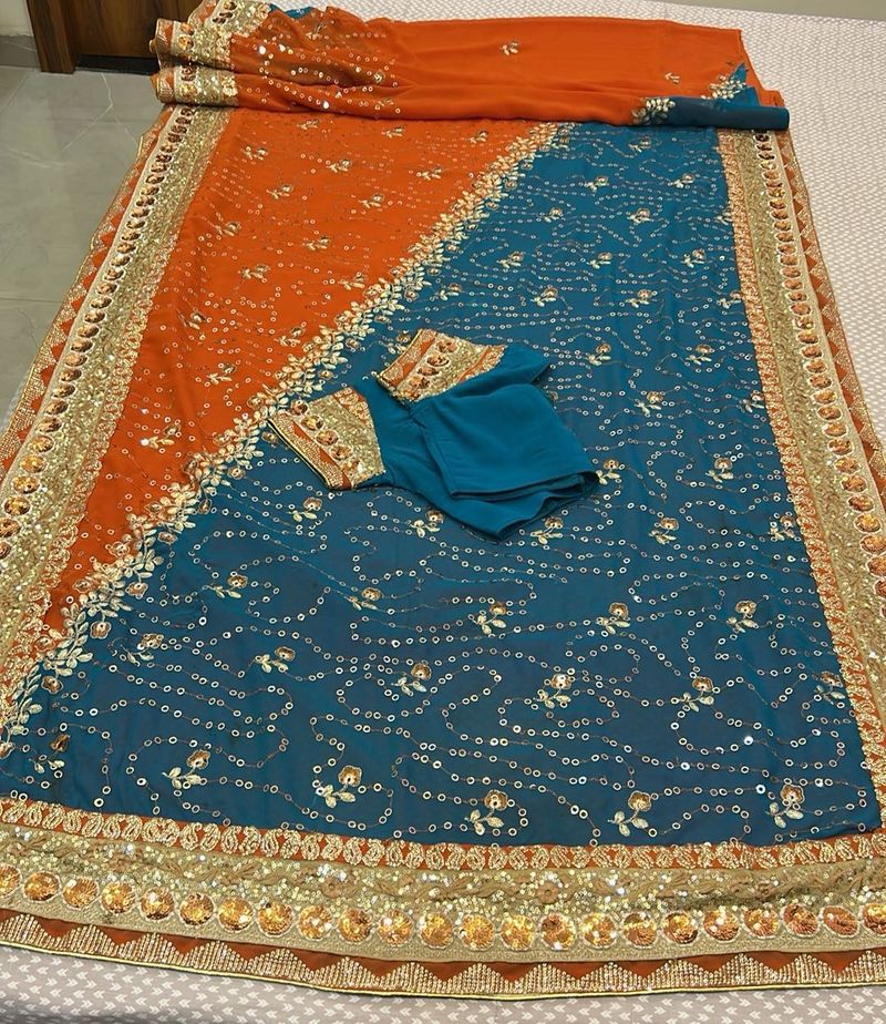 Teal &amp; Orange Embellished Saree