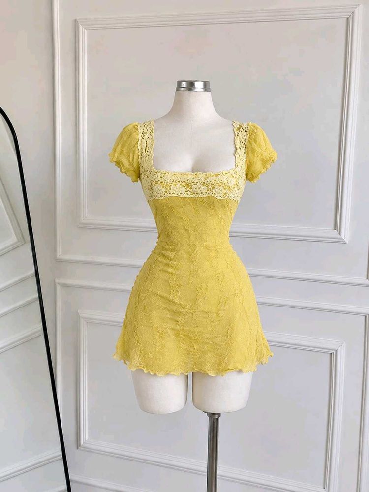 Yellow Lace Mini Dress with Square Neck