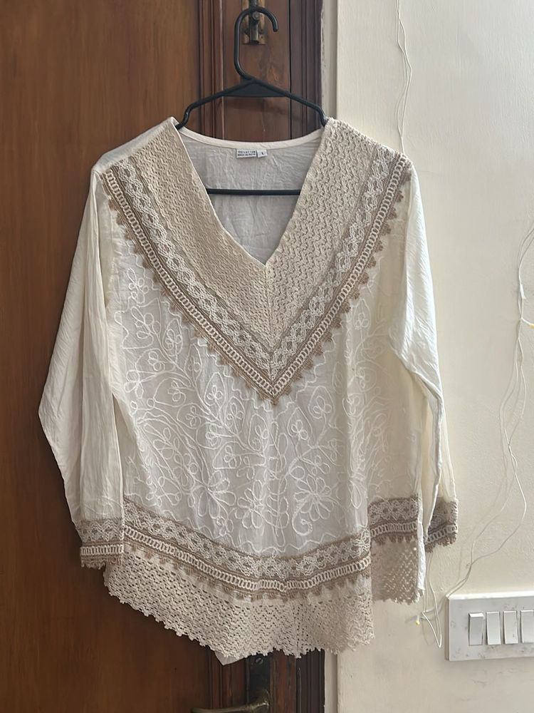 Boho Lace Trimmed Cream Tunic Top