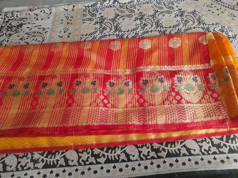 Vibrant Red &amp; Gold Silk Saree. without blouse